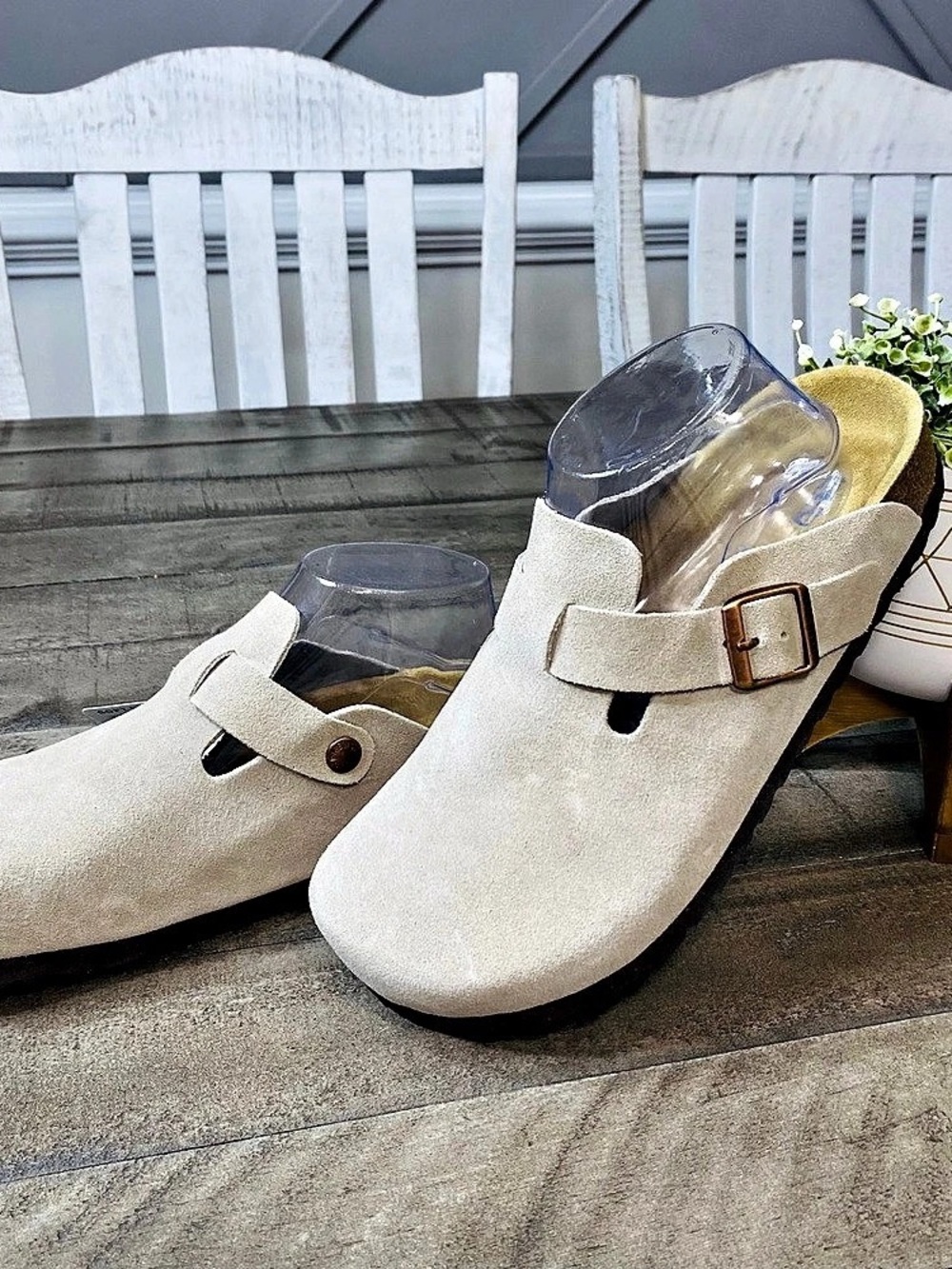 Birkenstock Boston Suede Leather Clog Sandals Beige Womenโs US 9 / EU 40